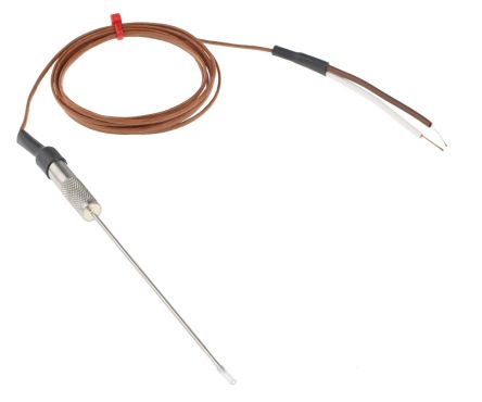 RS PRO t型热电偶, 1.6mm直径 x 100mm长探头, 最高感应+250°C, 电缆接端, 1.5m线长, 不锈钢探头