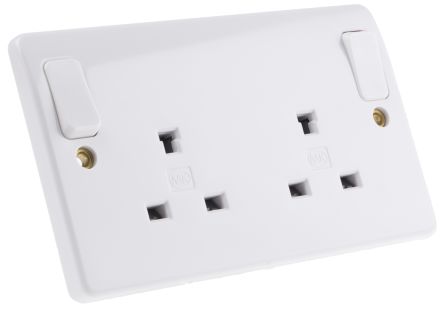 MK Electric White 2 Gang Plug Socket, 2 Poles, 13A, Type G - British, Indoor Use