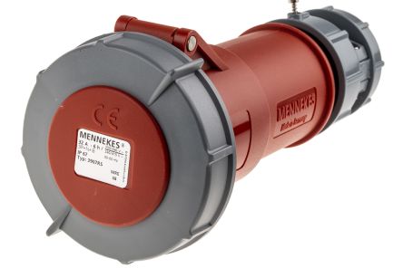 MENNEKES Conector De Potencia Industrial Hembra, Formato 3P + N + E, Orientación Recto, PowerTOP, Rojo, 400 V, 32A, IP67