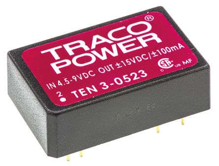 TRACOPOWER TEN 3 DC/DC-Wandler 3W 5 V Dc IN, ±15V Dc OUT / ±100mA 1.5kV Dc Isoliert