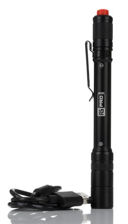 RS PRO Akku Stift-Taschenlampe LED Schwarz Im Alu-Gehäuse, 375 Lm, 152 Mm