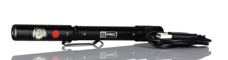 RS PRO Akku Stift-Taschenlampe LED Schwarz Im Alu-Gehäuse, 375 Lm, 160 Mm