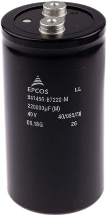EPCOS B41456, Schraub Aluminium-Elektrolyt Kondensator 0.22F ±20% / 40V Dc, Ø 76.9mm X 143.2mm, +85°C