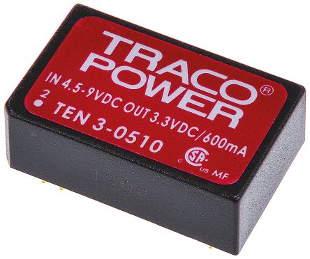 TRACOPOWER TEN 3 DC-DC Converter, 3.3V Dc/ 600mA Output, 4.5 → 9 V Dc Input, 3W, Through Hole, +85°C Max Temp