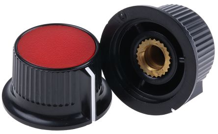 RS PRO Mando De Potenciómetro, Eje 6mm, Diámetro 28mm, Color Negro, Rojo, Indicador Blanco Circular