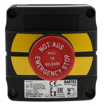 Bartec 防爆控制按钮 按钮开关控制盒, ComEx系列, 22mm孔径, 标记“紧急停止”, 红色按钮