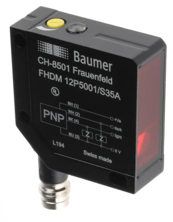 Baumer FHDM 12P Kubisch Optischer Sensor, Diffuse, Bereich 15 Mm → 300 Mm, PNP Ausgang, 4-poliger