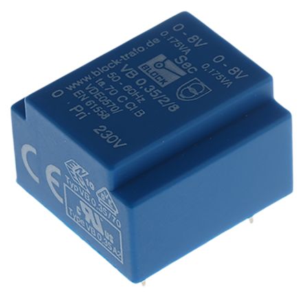Block Transformateur Pour Circuit Imprimé, 8V C.a., 230V C.a., 0.35VA, 2 Sorties