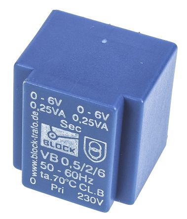 Block Printtrafo, Trafo 230V Ac / 6V Ac 0.5VA 2 Ausg. 22mm X 19mm X 22.7mm 35g Durchsteckmontage