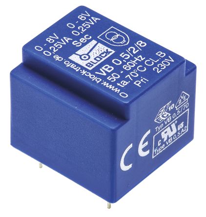 Block Transformateur Pour Circuit Imprimé, 8V C.a., 230V C.a., 0.5VA, 2 Sorties