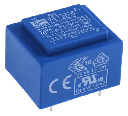 Block Transformateur Pour Circuit Imprimé, 9V C.a., 230V C.a., 1VA, 2 Sorties