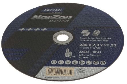 Norton Disco De Corte De Zirconio, P36, Ø 230mm X 2mm, RPM Máx. 6600rpm