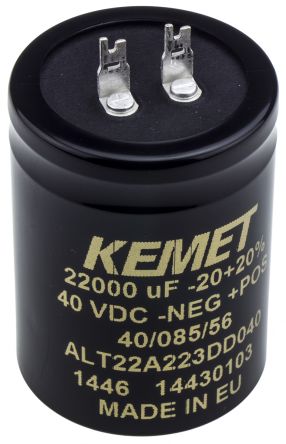 KEMET Condensador Electrolítico Serie ALT22, 22000μF, ±20%, 40V Dc, Con Lengüeta De Soldadura, 40 X 55mm