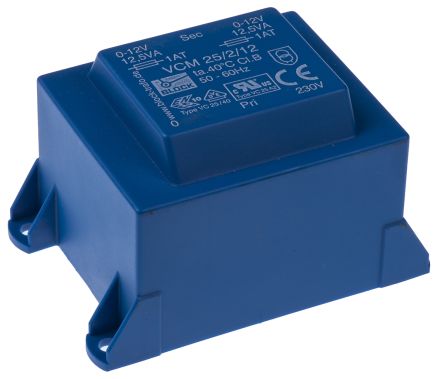 Block PCB变压器, 12V 交流次级电压, 25VA, 230V 交流初级电压, 2输出