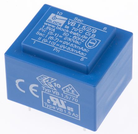 Block PCB变压器, 9V 交流次级电压, 1.5VA, 230V 交流初级电压, 2输出