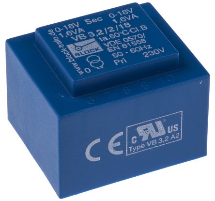 Block Trasformatore Per PCB, 3.2VA, Primario 230V Ca, Secondario 18V Ca, 2 Uscite