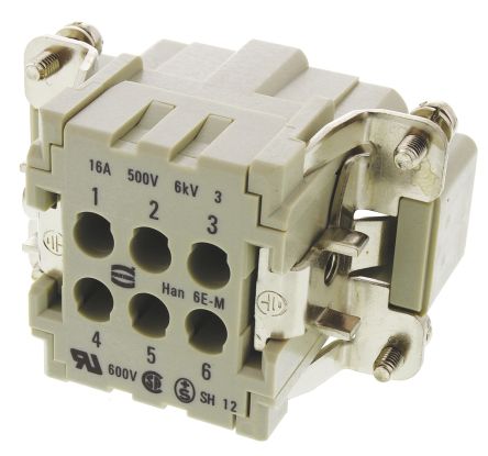 HARTING Han E Series Size 16 A Connector Insert, Male, 6 Way, 16A, 500 V
