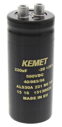 KEMET ALS30, Schraub Aluminium-Elektrolyt Kondensator 220μF ±20% / 500V Dc, Ø 36mm X 82mm X 82mm, +85°C