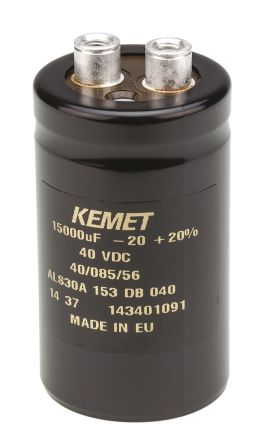KEMET ALS30, Schraub Aluminium-Elektrolyt Kondensator 15000μF ±20% / 40V Dc, Ø 36mm X 62mm X 62mm, +85°C