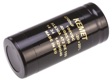 KEMET ALS30, Schraub Aluminium-Elektrolyt Kondensator 4700μF ±20% / 100V Dc, Ø 36mm X 82mm X 82mm, +85°C