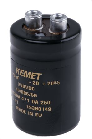 KEMET ALS30, Schraub Aluminium-Elektrolyt Kondensator 470μF ±20% / 250V Dc, Ø 36mm X 52mm X 52mm, +85°C