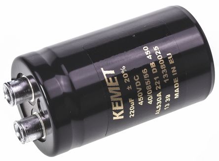 KEMET ALS30, Schraub Aluminium-Elektrolyt Kondensator 220μF ±20% / 450V Dc, Ø 36mm X 62mm X 62mm, +85°C