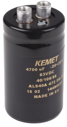 KEMET ALS40, Schraub Aluminium-Elektrolyt Kondensator 4700μF ±20% / 63V Dc, Ø 36mm X 62mm X 62mm, Bis 105°C