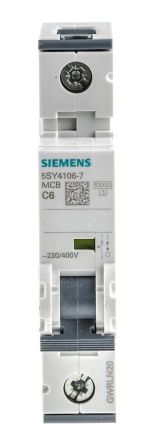 Siemens 5SY4 MCB Leitungsschutzschalter Typ C, 1-polig 6A 400V, Abschaltvermögen 10 KA Sentron DIN-Schienen-Montage