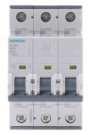Siemens 5SY4 MCB Leitungsschutzschalter Typ C, 3-polig 16A 400V, Abschaltvermögen 10 KA Sentron DIN-Schienen-Montage