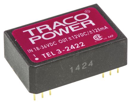 TRACOPOWER TEL 3 DC/DC-Wandler 3W 24 V Dc IN, ±12V Dc OUT / ±125mA 1.5kV Dc Isoliert