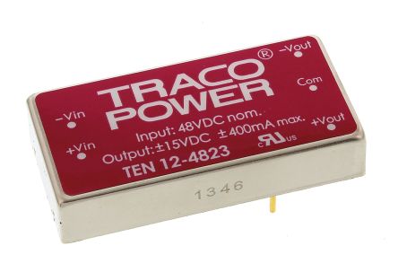 TRACOPOWER TEN 12 DC-DC Converter, ±15V Dc/ ±400mA Output, 18 → 75 V Dc Input, 12W, Through Hole, +85°C Max Temp