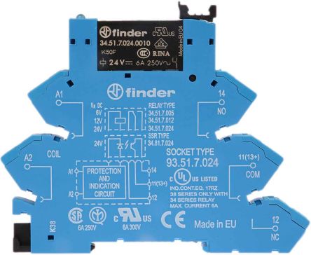 Finder 接口继电器, 38 Series系列, 线圈电压 24V 直流, 触点配置 单刀双掷, DIN 导轨