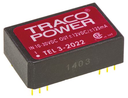 TRACOPOWER TEL 3 DC-DC Converter, ±12V Dc/ ±125mA Output, 10 → 30 V Dc Input, 3W, Through Hole, +85°C Max Temp