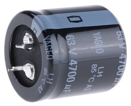 Yageo LH Snap-In Elektrolyt Kondensator 4700μF ±20% / 63V Dc, Ø 30mm X 30mm, +85°C