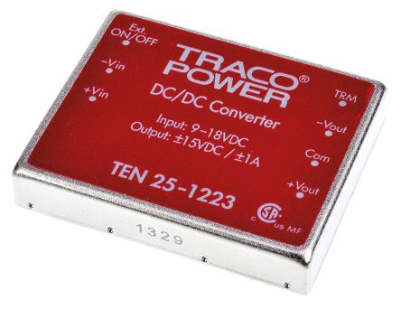 TRACOPOWER TEN 25 DC/DC-Wandler 25W 12 V Dc IN, ±15V Dc OUT / ±1A 1.5kV Dc Isoliert
