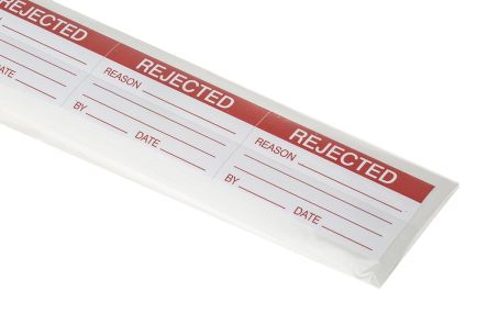 RS PRO Rot Vorbedrucktes, Selbstklebendes Etikett: Rejected, 38mm X 70mm, 30 Stück
