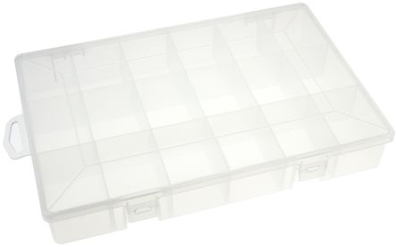 Plano 零件收纳盒, 18储物格, 280mm x 40mm x 180mm, 带透明盖板, 聚丙烯 (PP), 透明