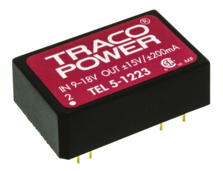 TRACOPOWER TEL 5 DC-DC Converter, ±15V Dc/ ±200mA Output, 9 → 18 V Dc Input, 5W, Through Hole, +85°C Max Temp