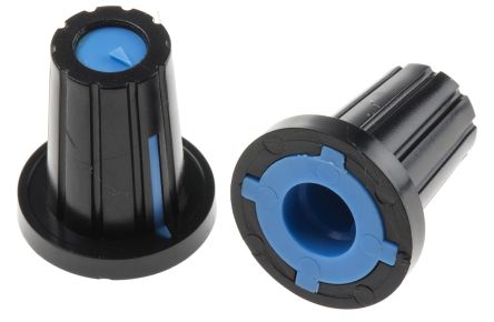 RS PRO Potentiometer Drehknopf Schwarz, Zeiger Blau Ø 17mm X 19.5mm X 15.3mm, Flach Schaft 6mm