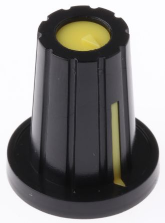 RS PRO Mando De Potenciómetro, Eje 6.4mm, Diámetro 17mm, Color Negro, Indicador Amarillo Con Forma De D