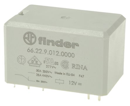 Finder PCB Mount Power Relay, 12V Dc Coil, 30A Switching Current, DPDT