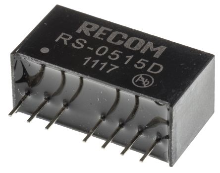 Recom RS DC-DC Converter, ±15V Dc/ ±67mA Output, 4.5 → 9 V Dc Input, 2W, Through Hole, +85°C Max Temp -40°C Min