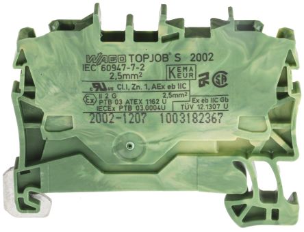 Wago TOPJOB S, 2002 Schutzleiterklemme Einfach Grün/Gelb, 2.5mm², 800 V / 24A, Steckanschluss