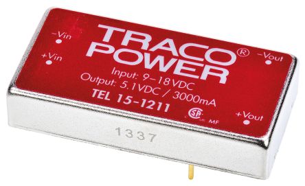 TRACOPOWER TEL 15 DC-DC Converter, 5V Dc/ 3A Output, 9 → 18 V Dc Input, 15W, Through Hole, +71°C Max Temp -40°C