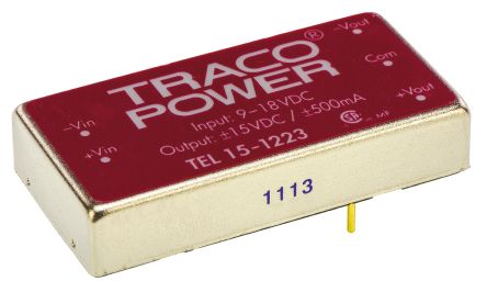 TRACOPOWER TEL 15 DC/DC-Wandler 15W 12 V Dc IN, ±15V Dc OUT / ±500mA 1.5kV Dc Isoliert