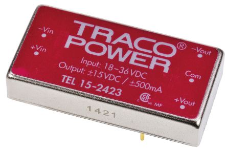 TRACOPOWER TEL 15 DC/DC-Wandler 15W 24 V Dc IN, ±15V Dc OUT / ±500mA 1.5kV Dc Isoliert