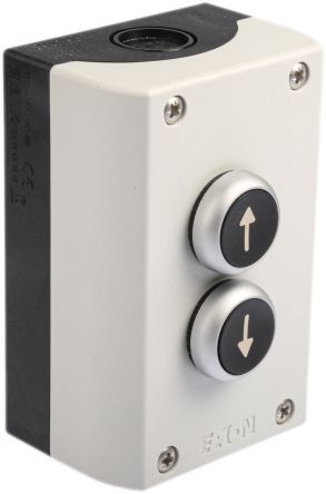 Eaton Momentary Enclosed Push Button - SPDT, Plastic, 2 Cutouts, Black, Arrow, IP65