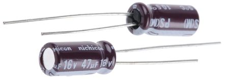 Nichicon PS, THT Elektrolyt Kondensator 47μF ±20% / 16V Dc, Ø 5mm X 11mm, Bis 105°C