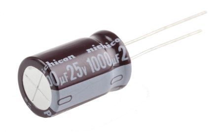 Nichicon PS, THT Aluminium-Elektrolyt Kondensator 1000μF ±20% / 25V Dc, Ø 12.5mm X 20mm, Bis 105°C