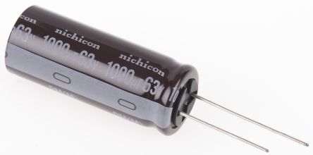 Nichicon Condensador Electrolítico Serie PM, 1000μF, ±20%, 63V Dc, Radial, Orificio Pasante, 16 (Dia.) X 40mm, Paso